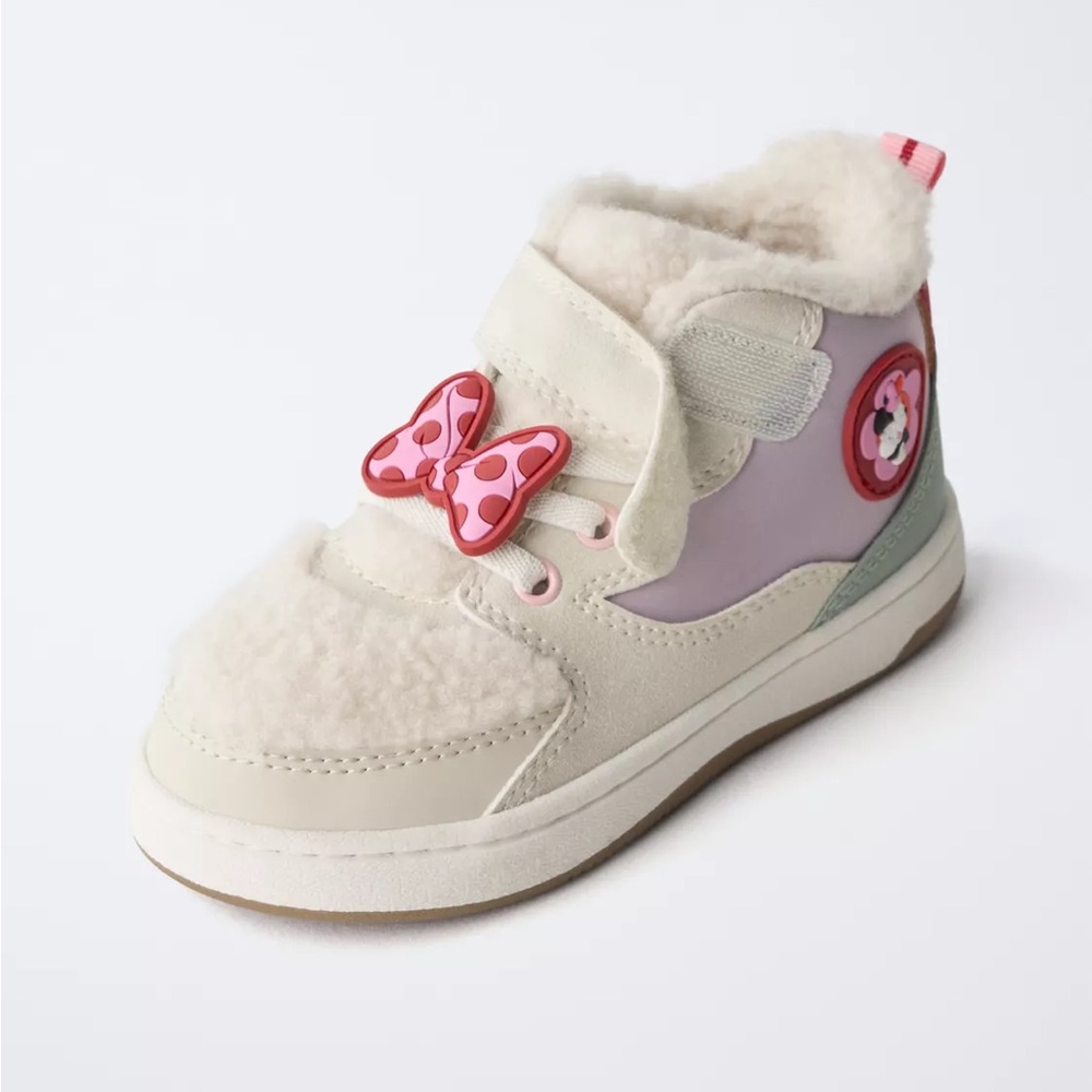 New Toddler 8 Zara Minnie Mouse Disney Fleece High Top Sneakers Pink Bow Charm